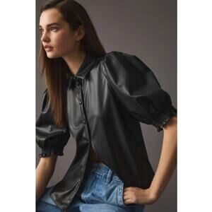 NWT Anthropologie Dolan Puff Sleeve Faux Leather Blouse Womens XL Black MSRP$148